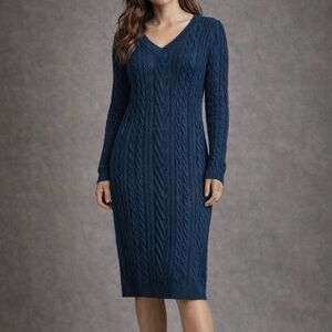 Black Tape Dark Blue Teal Cable Knit Sweater Dress
